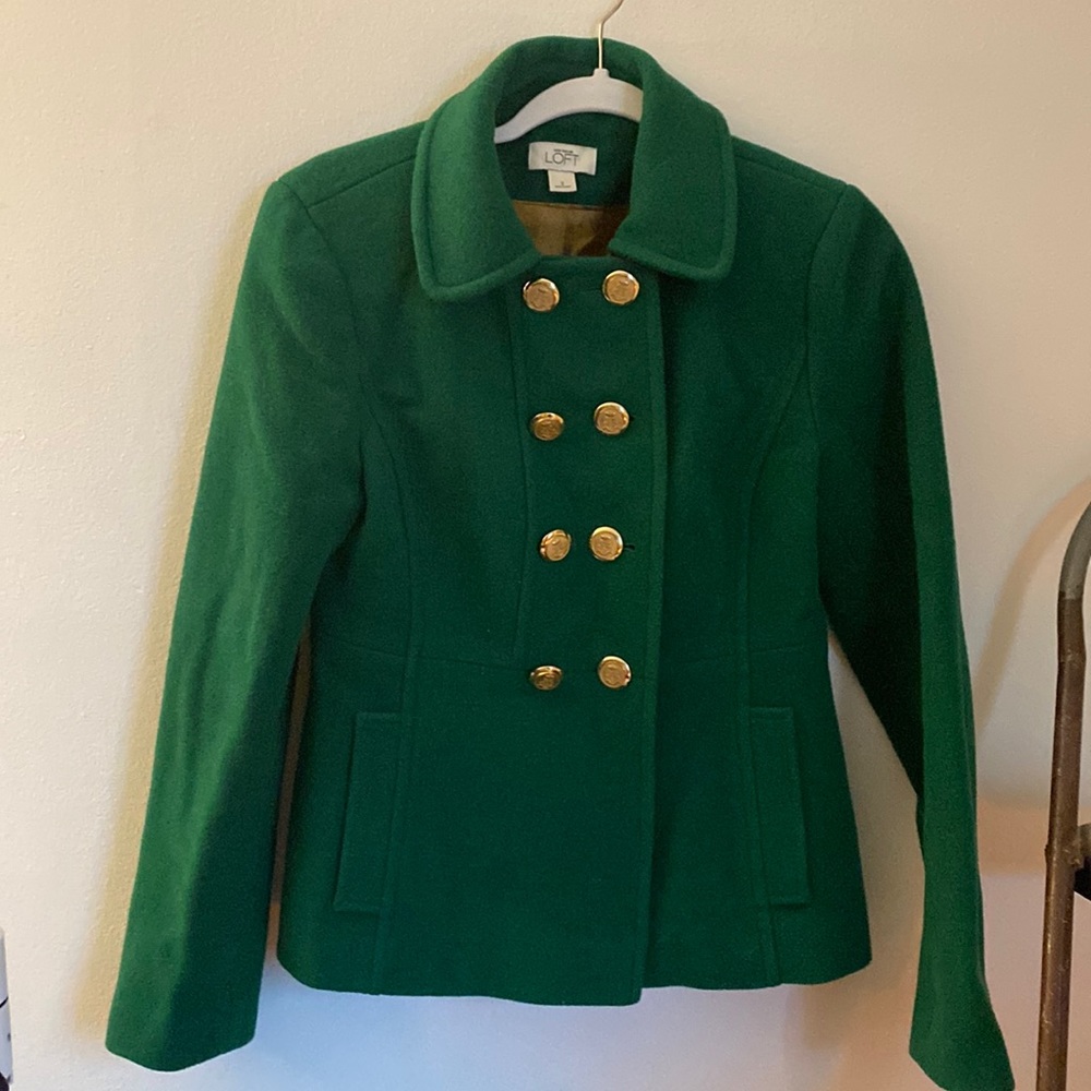 Ann Taylor Loft Green Double Breasted Pea Coat with Gold Buttons size 2